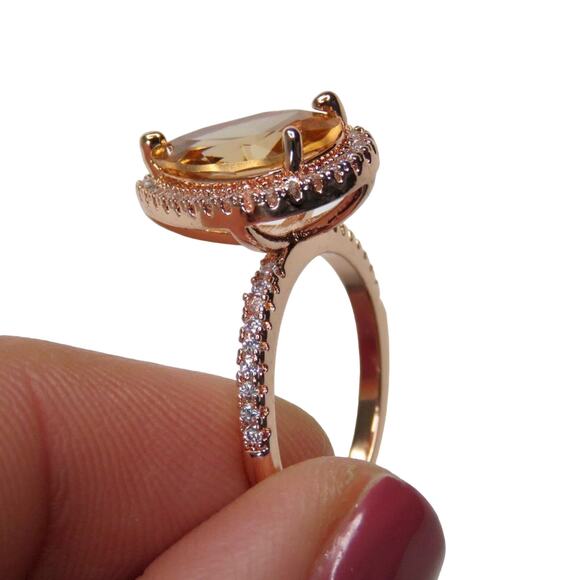 Macy's Rose Gold Pear Teardrop Halo Morganite Diamond Ring S 925 Size 7 - Picture 9 of 11